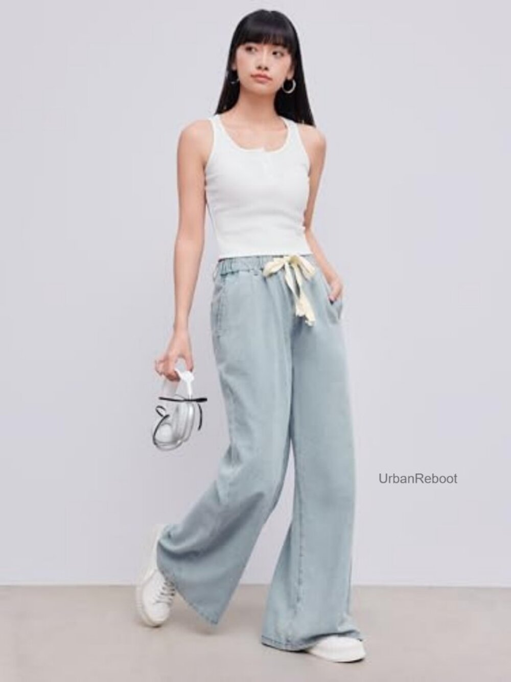 Drawstring Baggy Wide Leg Jeans High Waisted Pull On Denim Pants with Pockets - Picture 2 of 5